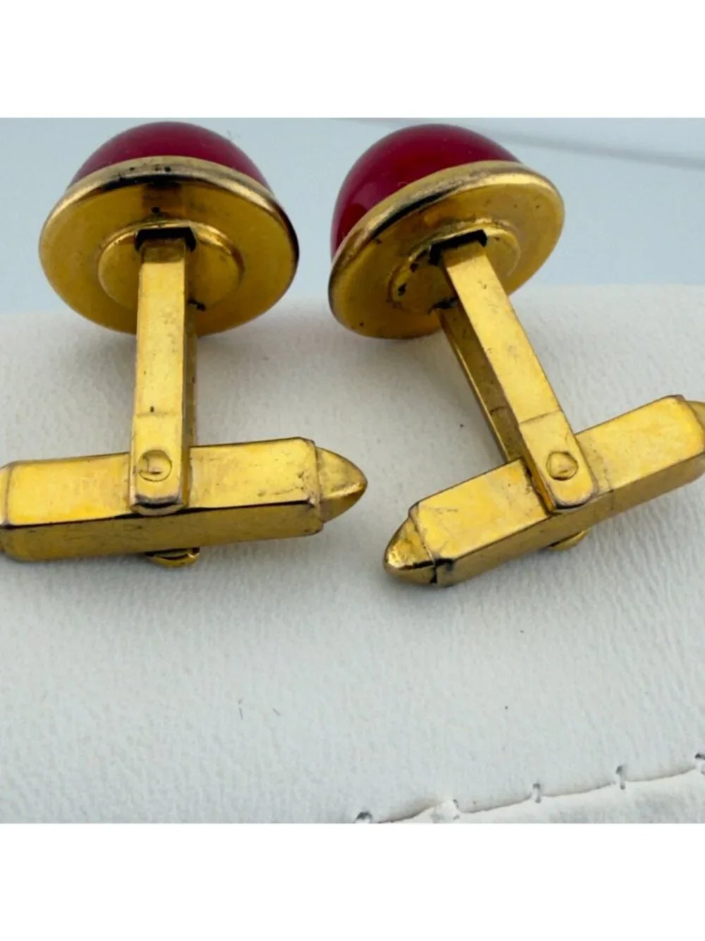 Vintage Red Glass Dome Cufflinks Gold Tone Mid Century